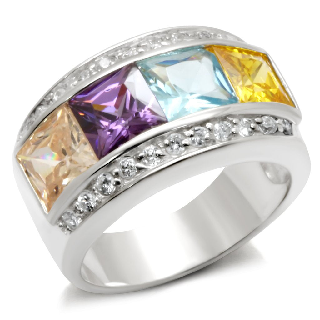 32919 - High-Polished 925 Sterling Silver Ring with AAA Grade CZin Multi Color-0